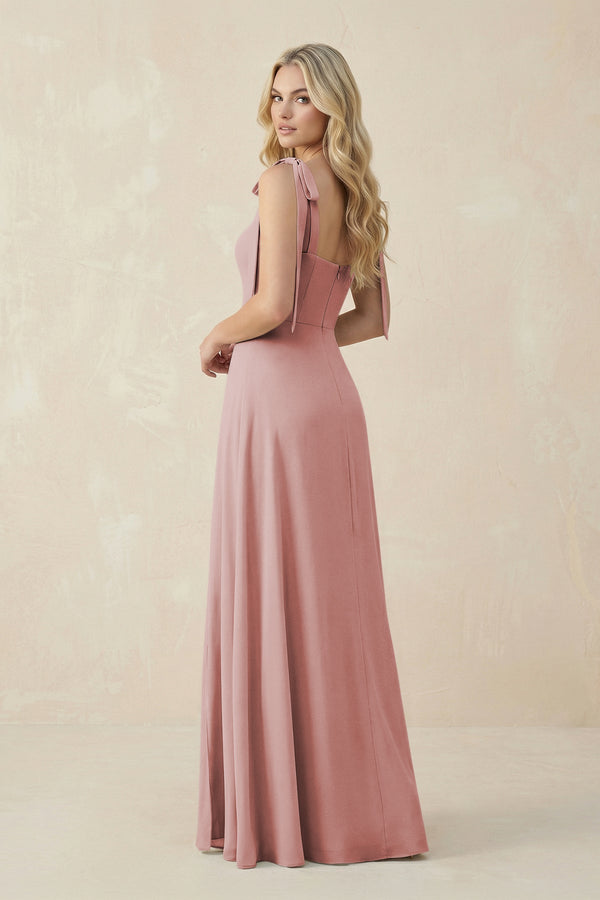 Square Neck Chiffon A - Line Bridesmaid Dress With Bow in Dusty Rose - KissProm Bridesmaid Dresses