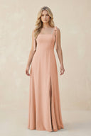 Square Neck Chiffon A - Line Bridesmaid Dress With Bow in English Rose - KissProm Bridesmaid Dresses