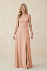 Square Neck Chiffon A - Line Bridesmaid Dress With Bow in English Rose - KissProm Bridesmaid Dresses