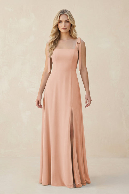 Square Neck Chiffon A - Line Bridesmaid Dress With Bow in English Rose - KissProm Bridesmaid Dresses