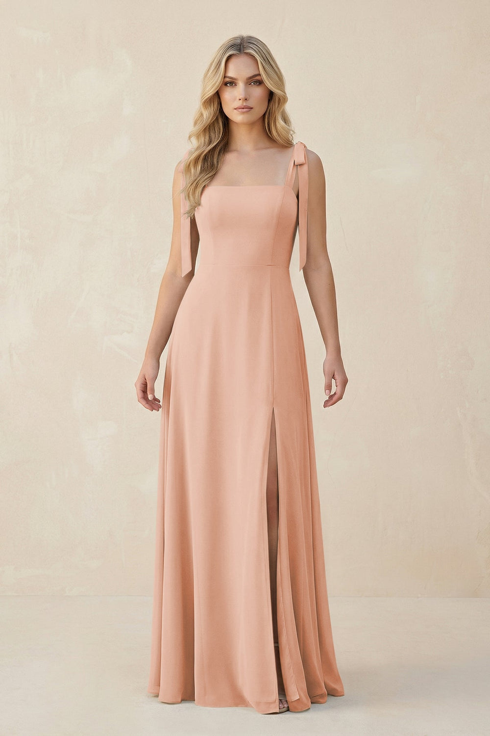 Square Neck Chiffon A - Line Bridesmaid Dress With Bow in English Rose - KissProm Bridesmaid Dresses
