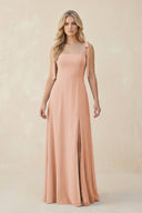 Square Neck Chiffon A - Line Bridesmaid Dress With Bow in English Rose - KissProm Bridesmaid Dresses