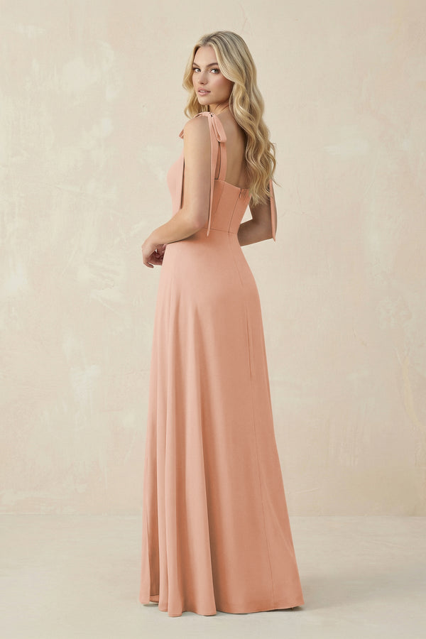 Square Neck Chiffon A - Line Bridesmaid Dress With Bow in English Rose - KissProm Bridesmaid Dresses