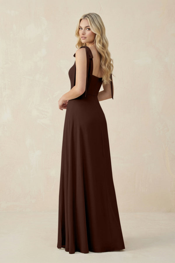Square Neck Chiffon A - Line Bridesmaid Dress With Bow in Espresso - KissProm Bridesmaid Dresses