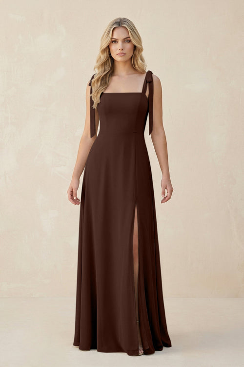Square Neck Chiffon A - Line Bridesmaid Dress With Bow in Espresso - KissProm Bridesmaid Dresses