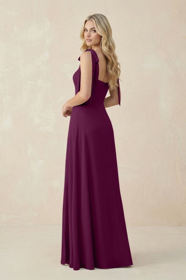 Square Neck Chiffon A - Line Bridesmaid Dress With Bow in Fig - KissProm Bridesmaid Dresses