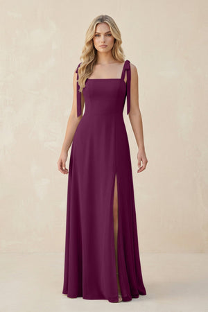 Square Neck Chiffon A - Line Bridesmaid Dress With Bow in Fig - KissProm Bridesmaid Dresses