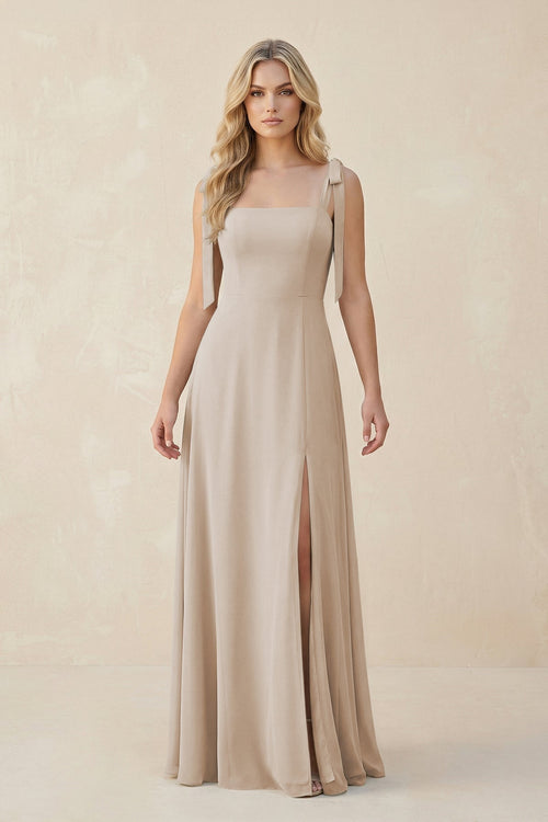 Square Neck Chiffon A - Line Bridesmaid Dress With Bow in Frost - KissProm Bridesmaid Dresses