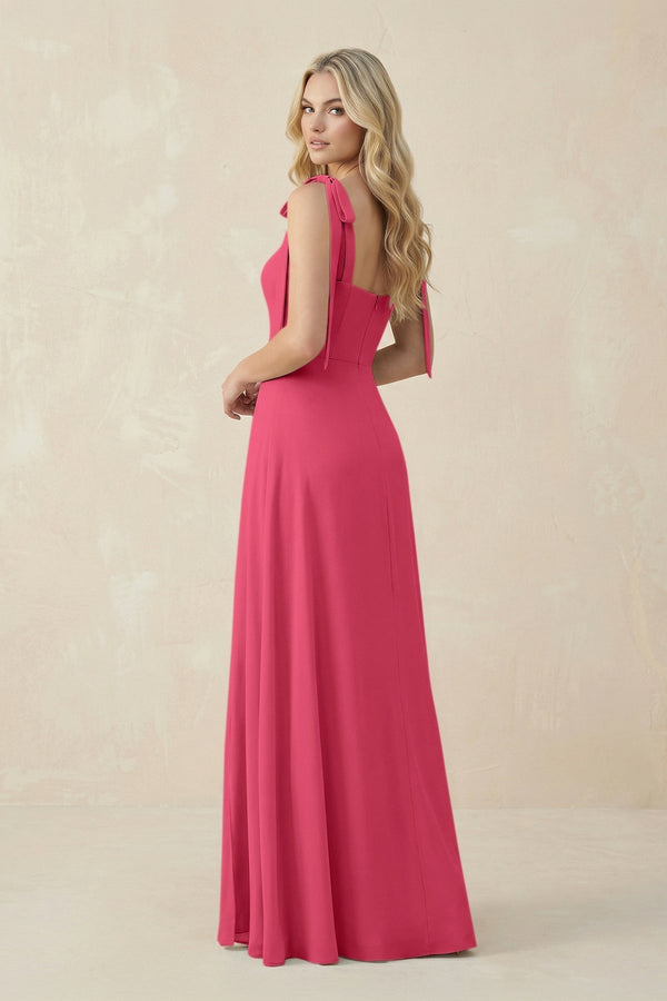 Square Neck Chiffon A - Line Bridesmaid Dress With Bow in Fuchsia - KissProm Bridesmaid Dresses