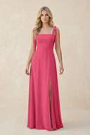 Square Neck Chiffon A - Line Bridesmaid Dress With Bow in Fuchsia - KissProm Bridesmaid Dresses