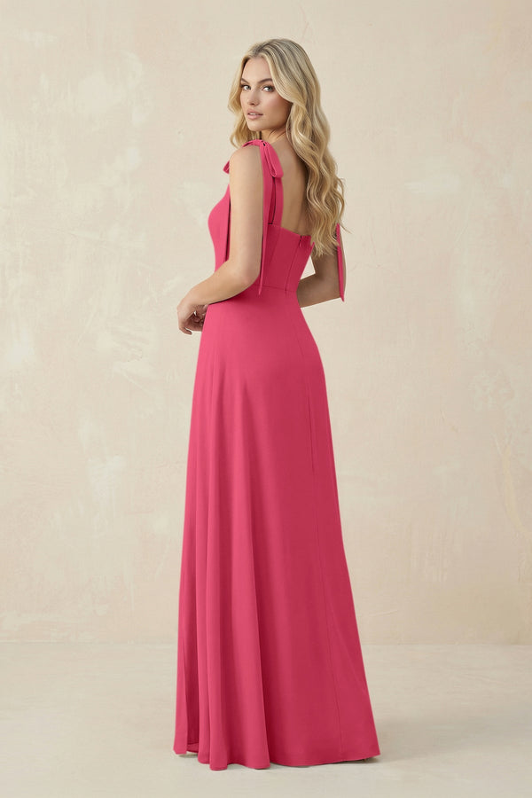 Square Neck Chiffon A - Line Bridesmaid Dress With Bow in Fuchsia - KissProm Bridesmaid Dresses