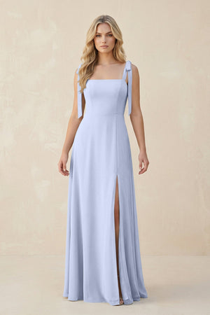 Square Neck Chiffon A - Line Bridesmaid Dress With Bow in Ice - KissProm Bridesmaid Dresses