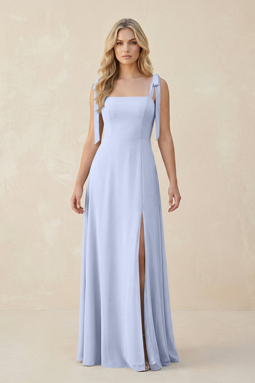 Square Neck Chiffon A - Line Bridesmaid Dress With Bow in Ice - KissProm Bridesmaid Dresses