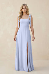 Square Neck Chiffon A - Line Bridesmaid Dress With Bow in Ice - KissProm Bridesmaid Dresses