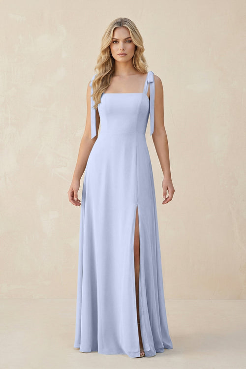 Square Neck Chiffon A - Line Bridesmaid Dress With Bow in Ice - KissProm Bridesmaid Dresses