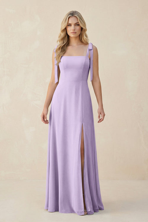 Square Neck Chiffon A - Line Bridesmaid Dress With Bow in Lavender - KissProm Bridesmaid Dresses