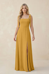 Square Neck Chiffon A - Line Bridesmaid Dress With Bow in Marigold - KissProm Bridesmaid Dresses
