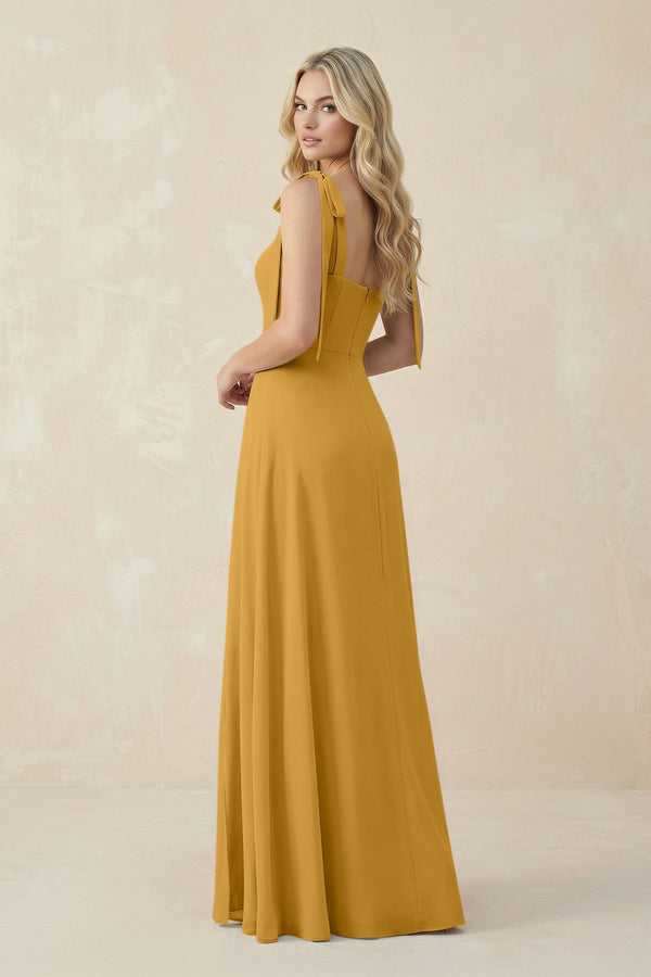 Square Neck Chiffon A - Line Bridesmaid Dress With Bow in Marigold - KissProm Bridesmaid Dresses