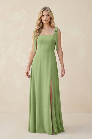 Square Neck Chiffon A - Line Bridesmaid Dress With Bow in Matcha - KissProm Bridesmaid Dresses