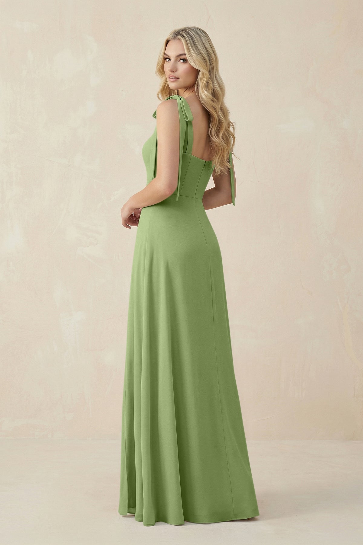 KissProm Square Neck Chiffon A-Line Bridesmaid Dress With Bow in Matcha, Matcha / 6