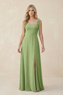 Square Neck Chiffon A - Line Bridesmaid Dress With Bow in Matcha - KissProm Bridesmaid Dresses