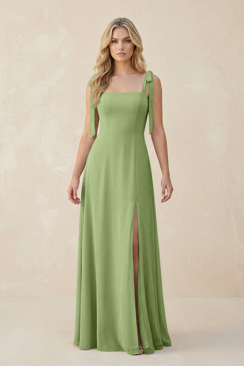 Square Neck Chiffon A - Line Bridesmaid Dress With Bow in Matcha - KissProm Bridesmaid Dresses