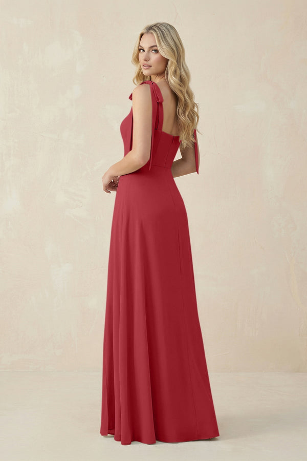 Square Neck Chiffon A - Line Bridesmaid Dress With Bow in Merlot - KissProm Bridesmaid Dresses