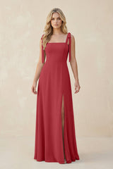 Square Neck Chiffon A - Line Bridesmaid Dress With Bow in Merlot - KissProm Bridesmaid Dresses