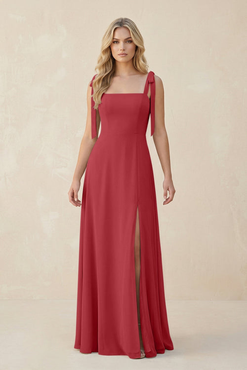 Square Neck Chiffon A - Line Bridesmaid Dress With Bow in Merlot - KissProm Bridesmaid Dresses
