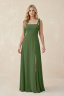 Square Neck Chiffon A - Line Bridesmaid Dress With Bow in Moss - KissProm Bridesmaid Dresses