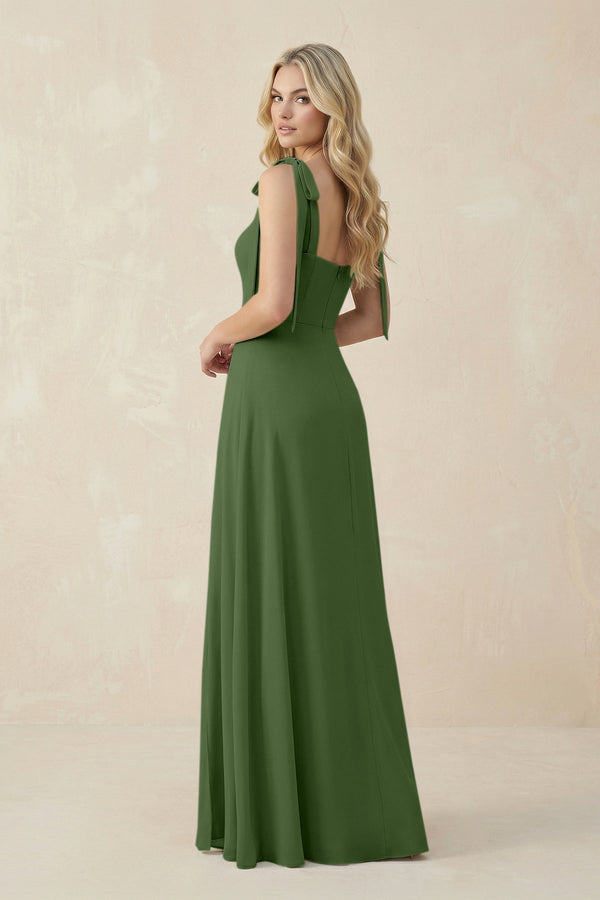 Square Neck Chiffon A - Line Bridesmaid Dress With Bow in Moss - KissProm Bridesmaid Dresses