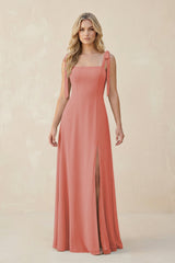 Square Neck Chiffon A - Line Bridesmaid Dress With Bow in Mulberry - KissProm Bridesmaid Dresses