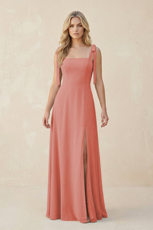 Square Neck Chiffon A - Line Bridesmaid Dress With Bow in Mulberry - KissProm Bridesmaid Dresses