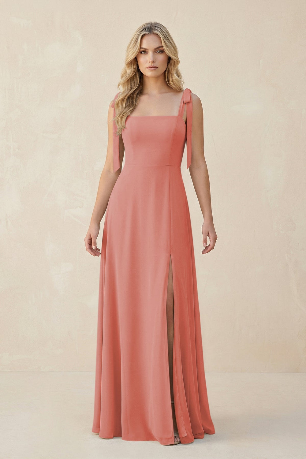 Square Neck Chiffon A - Line Bridesmaid Dress With Bow in Mulberry - KissProm Bridesmaid Dresses