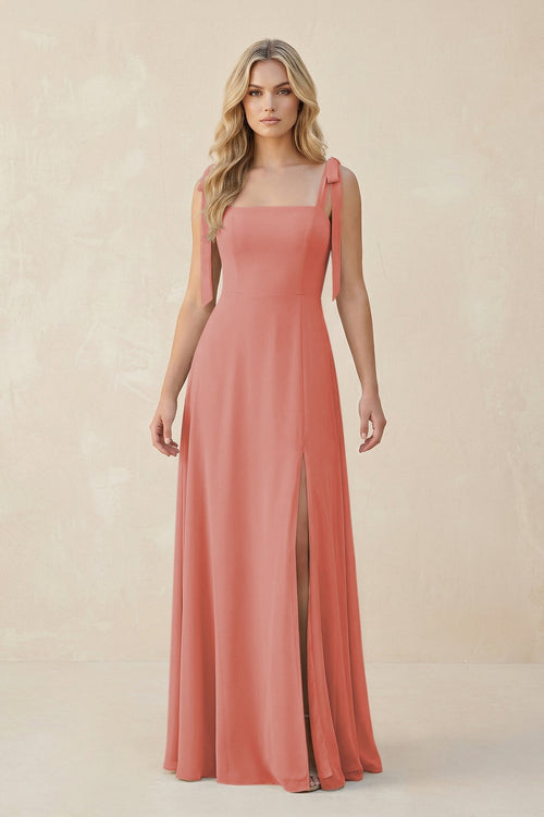 Square Neck Chiffon A - Line Bridesmaid Dress With Bow in Mulberry - KissProm Bridesmaid Dresses