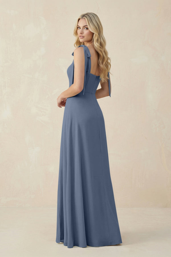 Square Neck Chiffon A - Line Bridesmaid Dress With Bow in Neptune - KissProm Bridesmaid Dresses