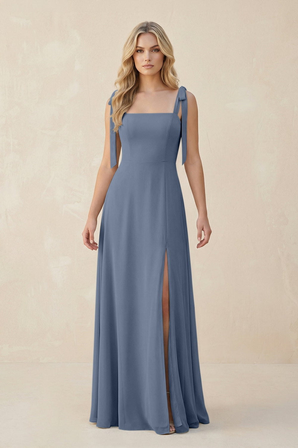 Square Neck Chiffon A - Line Bridesmaid Dress With Bow in Neptune - KissProm Bridesmaid Dresses