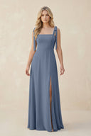 Square Neck Chiffon A - Line Bridesmaid Dress With Bow in Neptune - KissProm Bridesmaid Dresses