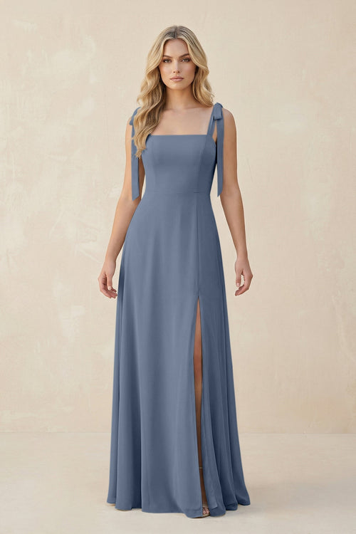 Square Neck Chiffon A - Line Bridesmaid Dress With Bow in Neptune - KissProm Bridesmaid Dresses