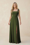 Square Neck Chiffon A - Line Bridesmaid Dress With Bow in Olive - KissProm Bridesmaid Dresses
