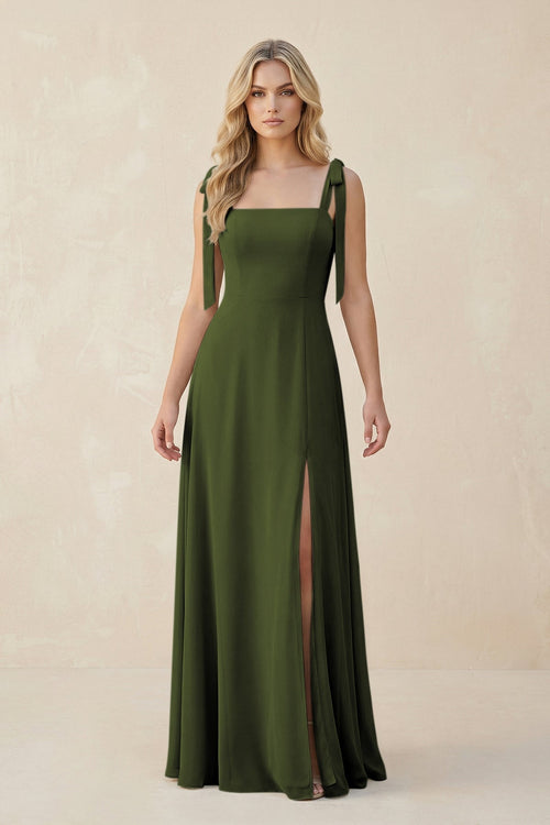 Square Neck Chiffon A - Line Bridesmaid Dress With Bow in Olive - KissProm Bridesmaid Dresses