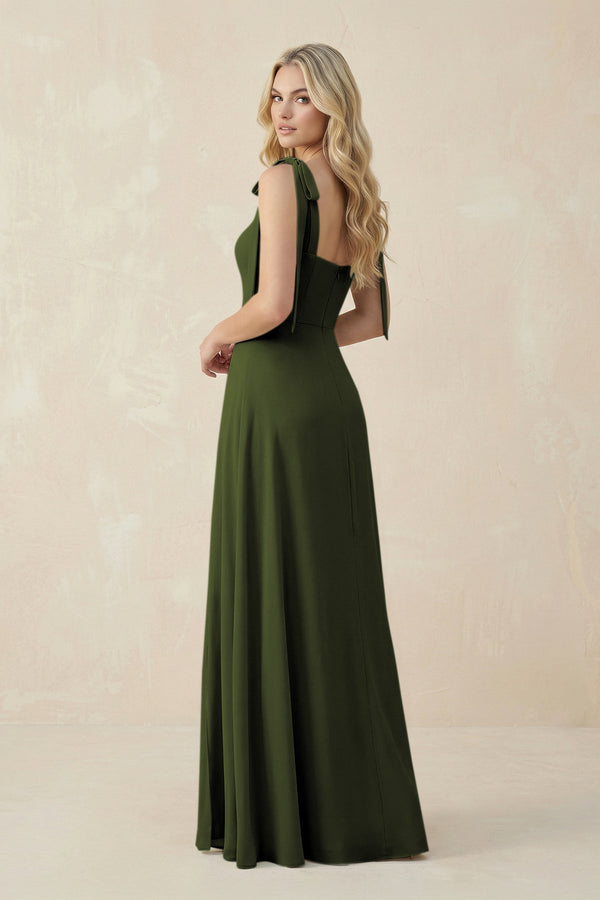 Square Neck Chiffon A - Line Bridesmaid Dress With Bow in Olive - KissProm Bridesmaid Dresses