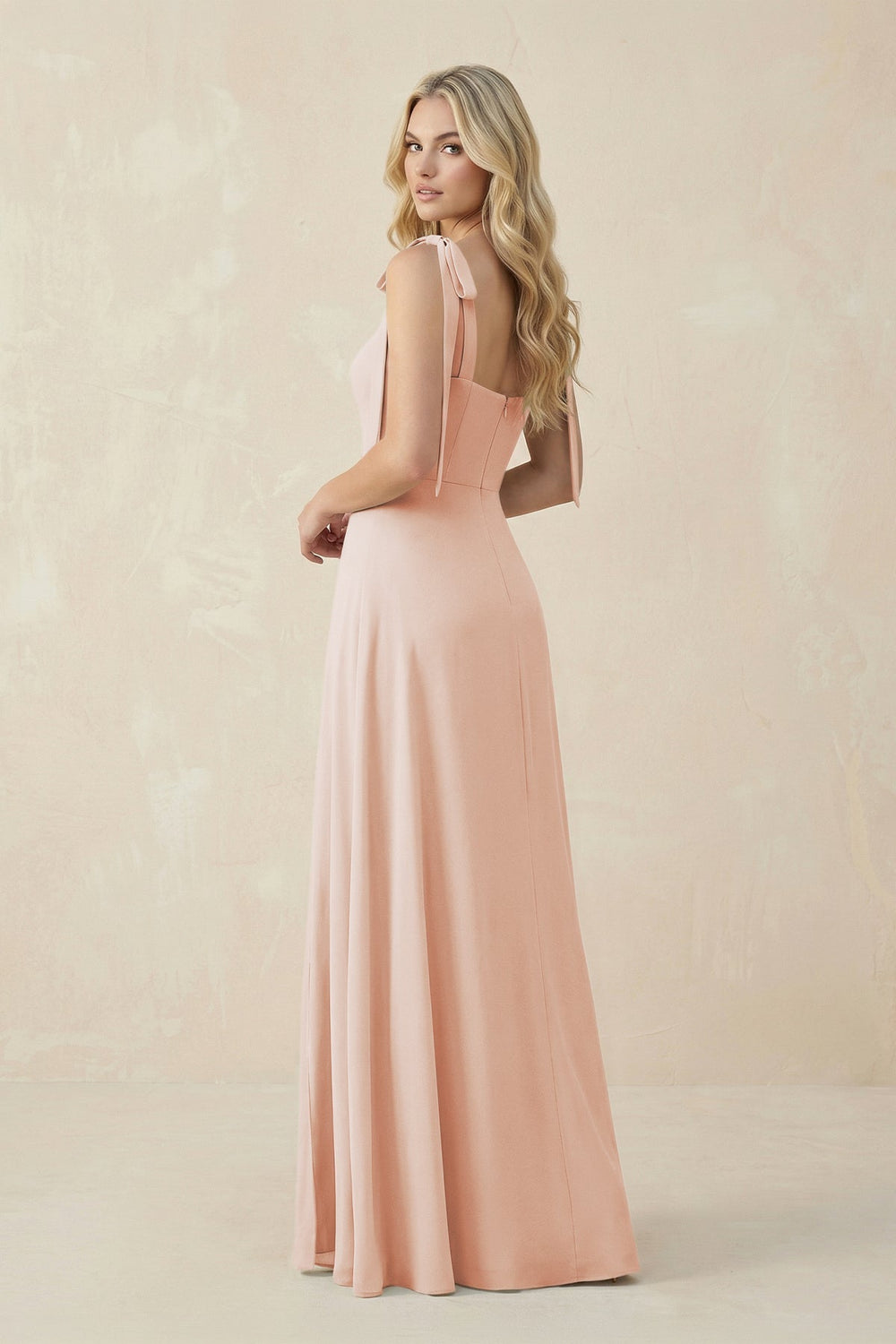 Square Neck Chiffon A - Line Bridesmaid Dress With Bow in Pale Blush - KissProm Bridesmaid Dresses