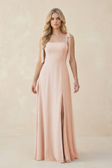 Square Neck Chiffon A - Line Bridesmaid Dress With Bow in Pale Blush - KissProm Bridesmaid Dresses