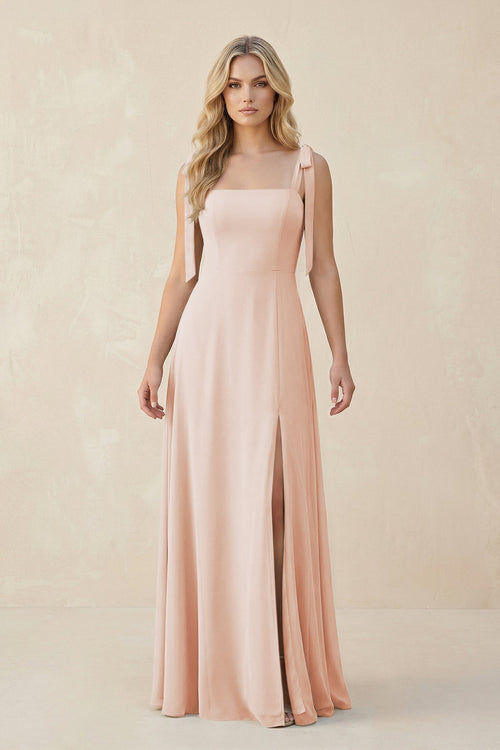 Square Neck Chiffon A - Line Bridesmaid Dress With Bow in Pale Blush - KissProm Bridesmaid Dresses
