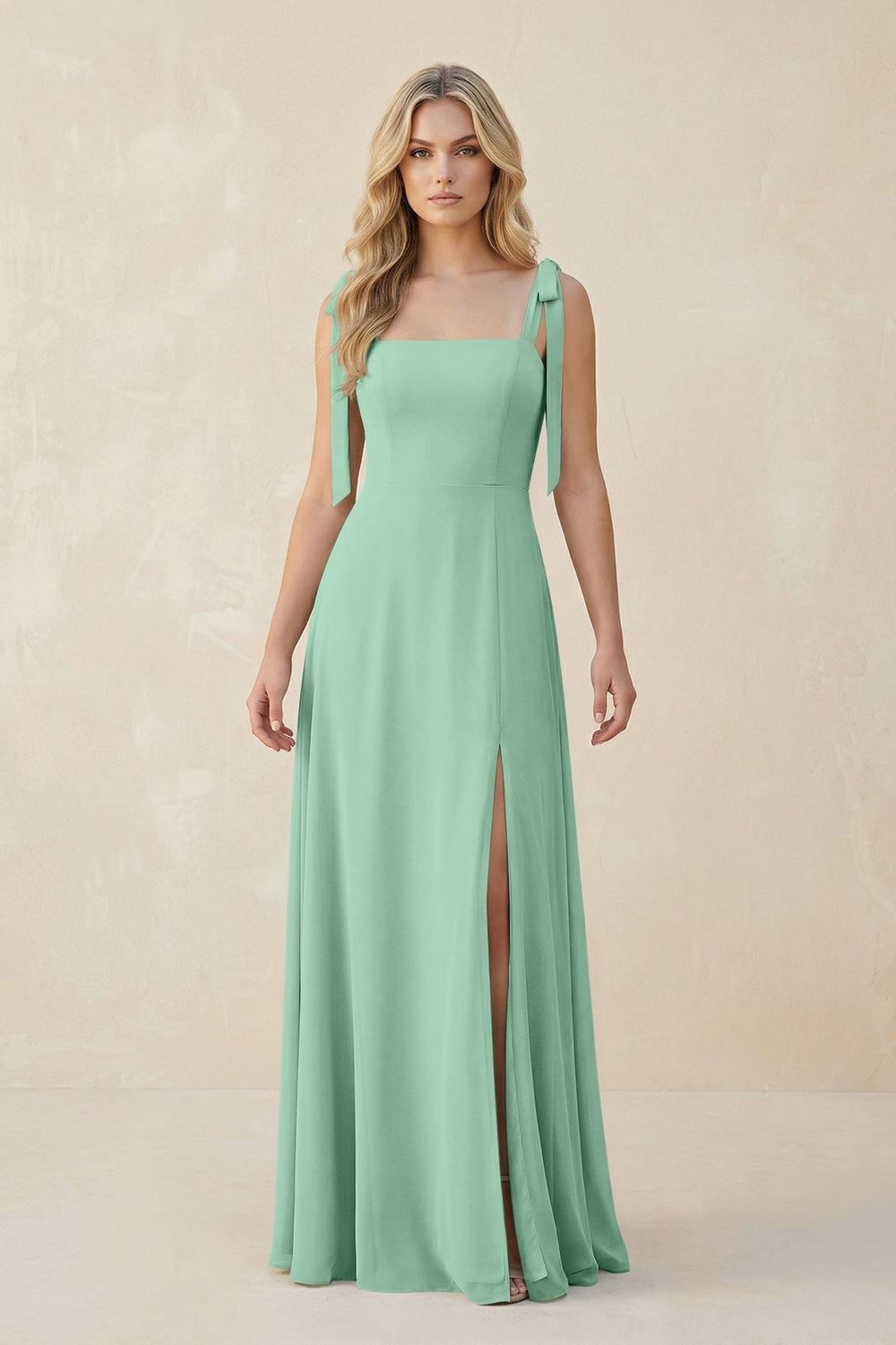 Square Neck Chiffon A - Line Bridesmaid Dress With Bow in Pale Pistachio - KissProm Bridesmaid Dresses