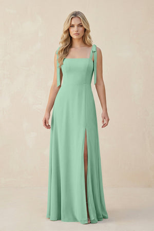 Square Neck Chiffon A - Line Bridesmaid Dress With Bow in Pale Pistachio - KissProm Bridesmaid Dresses