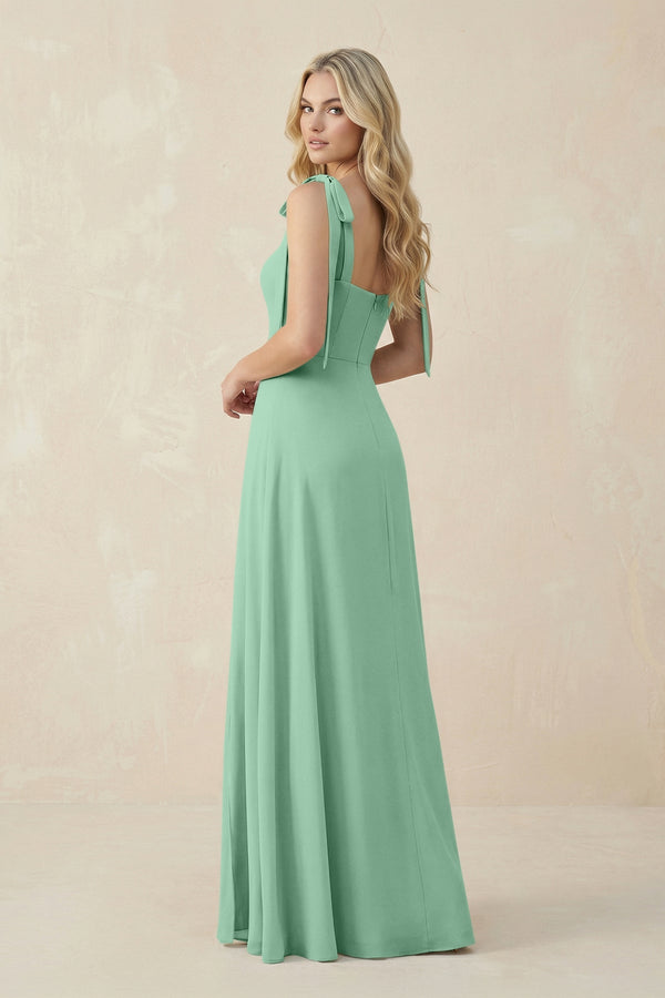 Square Neck Chiffon A - Line Bridesmaid Dress With Bow in Pale Pistachio - KissProm Bridesmaid Dresses
