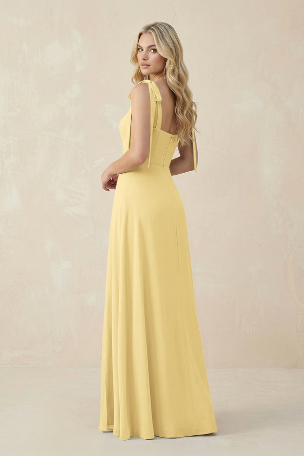 Square Neck Chiffon A - Line Bridesmaid Dress With Bow in Pastel Yellow - KissProm Bridesmaid Dresses