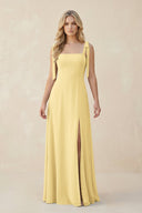 Square Neck Chiffon A - Line Bridesmaid Dress With Bow in Pastel Yellow - KissProm Bridesmaid Dresses